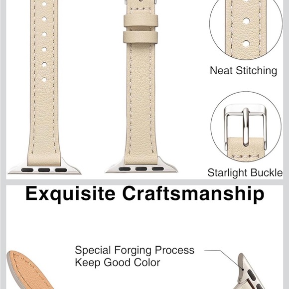 Slim Genuine Leather BAND for Apple Watch 42 - 49mm Beige with silver details - Picture 3 of 5